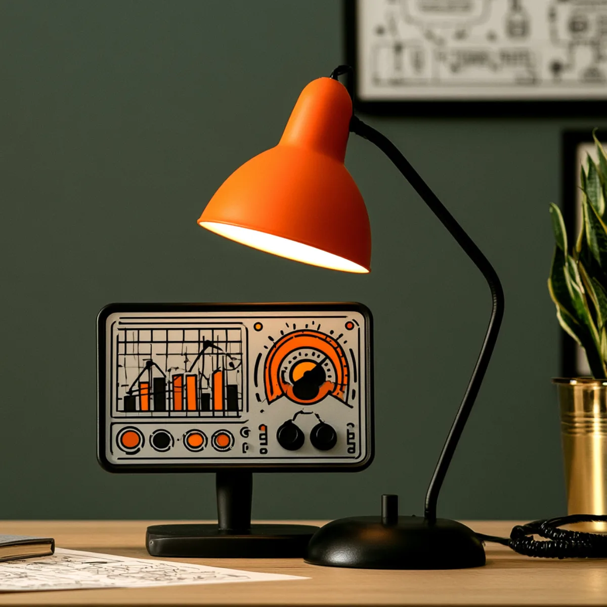 A desk instrument panel showing throughput charts and a dial, lit by an orange lamp