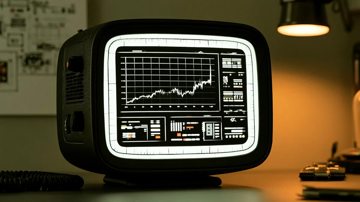 A monitor displaying a throughput chart and status readouts on a workbench